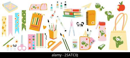 Grazioso set di cancelleria scolastica dal design piatto. Impacchettare elementi di adorabili penne, segnalibri, forbici, matite, vernici, libri, bottiglie, altre scorte di kawaii. Oggetti grafici isolati nell'illustrazione vettoriale Illustrazione Vettoriale