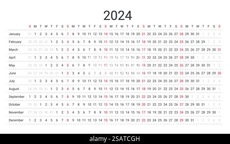 calendario 2024. Pianificatore orizzontale lineare. Modello calendario annuale. Griglia di pianificazione con 12 mesi. Calendario lineare per 2024 anni. Illustrazione vettoriale. Pianificatore annuale del calendario. Illustrazione Vettoriale