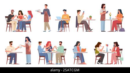 Persone ospiti del caffè. Persone sedute ai tavoli del ristorante, orario di pranzo di lavoro, camerieri prendono ordini. Uomini e donne che mangiano e bevono in riunione, amici conversazione vettoriale cartone animato piatto isolato. Persone ospiti del caffè. Persone sedute ai tavoli del ristorante, orario di pranzo di lavoro, camerieri prendono ordini. Uomini e donne che mangiano e bevono durante le riunioni, cartoni animati vettoriali, piatto isolato Illustrazione Vettoriale
