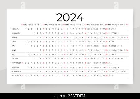 calendario 2024. Modello calendario orizzontale lineare. La settimana inizia domenica. Pianificatore annuale lungo. Illustrazione Vettoriale