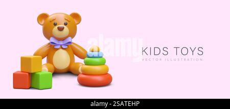 Concetto di giocattoli per bambini. Orso realistico è seduto accanto a cubi colorati e piramide. Banner per scuola materna, asilo. Pubblicità del deposito di prodotti per bambini. Concetto di giocattoli per bambini. Orso realistico è seduto accanto a cubi colorati e piramide Illustrazione Vettoriale