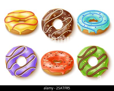 Set di ciambelle smaltate. Torte dolci realistiche con diversi condimenti e sapori, dolci dolci dolci dolci, prodotti da forno gustosi da diverse angolazioni, cioccolato e rosa, oggetti 3d isolati dal vettore assoluto. Set di ciambelle smaltate. Torte dolci realistiche con diversi condimenti e sapori, dolci dolci dolci dolci, prodotti da forno gustosi, cioccolato e rosa, oggetti 3d isolati dal vettore totale Illustrazione Vettoriale