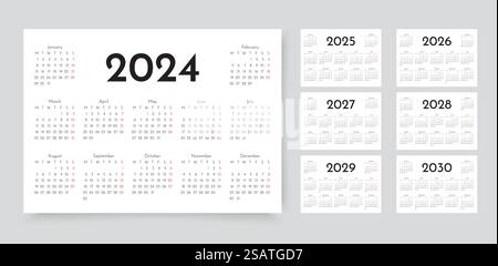 2024, 2025, 2026, 2027, 2028, 2029, 20230 anni di calendario. La settimana inizia lunedì. Calendari da parete tascabili Illustrazione Vettoriale
