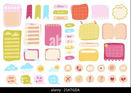 Simpatico set di appiccicose note dal design piatto. Raggruppa gli elementi di adesivi, note cartacee, elenco, emoticon decorative, modelli per pianificatori settimanali e giornalieri. Oggetti grafici isolati nell'illustrazione vettoriale Illustrazione Vettoriale