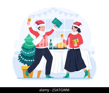 Festa di Natale e festa di Capodanno. Una coppia felice in abiti per le vacanze invernali con ogni confezione regalo e bicchieri da champagne Illustrazione Vettoriale