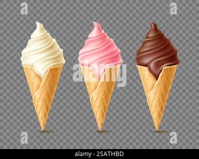 Gelati di gusti diversi. Coni per cialde con dessert surgelato, vaniglia, cioccolato e bacca rosa, gelato cremoso al latte, yogurt freddo, 3d isolati su elementi di sfondo trasparenti, set vettoriale. Gelati di gusti diversi. Coni per cialde con dessert surgelato, vaniglia, cioccolato e bacca rosa, gelato cremoso al latte, 3d isolati su elementi di sfondo trasparenti, set vettoriale Illustrazione Vettoriale