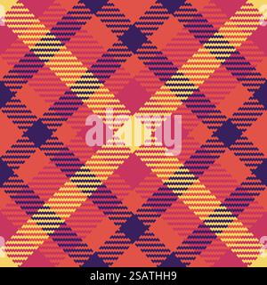 Tessuto tartan dal motivo femminile, texture da donna senza cuciture vettoriali. Fondo in tessuto a quadri geometrico con colori rosso e viola. Illustrazione Vettoriale