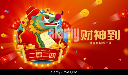 il drago CNY god of Wealth sul telaio rotondo della lampadina con busta rossa e moneta che sparano. Testo: 2024. Dio della ricchezza è arrivato. Prospero anno nuovo.. CNY dio della ricchezza carta drago Illustrazione Vettoriale