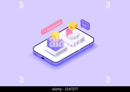 Smartphone con grafici, analisi dei dati finanziari aziendali. Marketing online isolato su sfondo viola pastello. Illustrazione vettoriale 3d. Illustrazione Vettoriale
