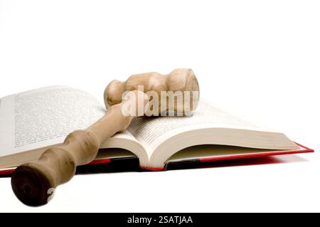 Un libro di legge aperto e un martelletto dei giudici Foto Stock