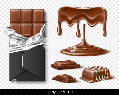 Cacao al cioccolato realistico. Caramelle glassate, scure e pezzi di latte, macchie e getti, dolci sani, interi e pezzi, dipendenza dal cioccolato, bar in alluminio, snack dolciari, set isolato di vettoriali. Cacao al cioccolato realistico. Caramelle glassate, scure e pezzi di latte, macchie e getti, dolci sani, interi e pezzi, dipendenza dal cioccolato, bar in foglio di alluminio, set vettoriale di snack dolciari Illustrazione Vettoriale