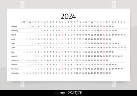Calendario 2024. Modello di pianificatore lineare. Griglia di calendario orizzontale annuale. La settimana inizia domenica Illustrazione Vettoriale