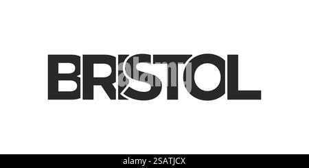 Il design di Bristol, città del Regno Unito, presenta un'illustrazione vettoriale in stile geometrico con caratteri tipografici in stile moderno su sfondo bianco. Città solarus nel Regno Unito che offre una miscela unica di monumenti storici e urbani. Il design presenta un'illustrazione in stile geometrico con caratteri tipografici in stile moderno su sfondo bianco. Illustrazione Vettoriale