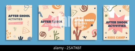 Le attività dopo la scuola coprono la brochure con design piatto. I modelli di poster con simpatici simboli vengono stampati per campi per bambini, programmi di apprendimento, laboratori di creatività, lezioni di hobby. Illustrazione vettoriale Illustrazione Vettoriale