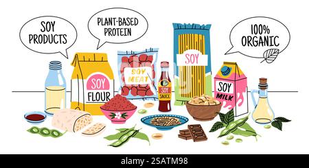 Composizione dei prodotti di soia dei cartoni animati. Proteine vegetali vegane alternative, alimenti a base di fagioli e ingredienti biologici in tavola, latte, tofu e salsa, dieta naturale sana, vettore ordinato isolato su concetto bianco. Composizione dei prodotti di soia dei cartoni animati. Proteine vegetali vegane alternative, alimenti a base di fagioli e ingredienti biologici in tavola, latte, tofu e salsa, dieta naturale sana, concetto isolato vettore ordinato Illustrazione Vettoriale