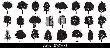 Sagome ad albero mega ambientate nel design grafico dei cartoni animati. Raggruppa elementi di querce nere, aceri, pini e altre forme di alberi semplici per il paesaggio della foresta. Oggetti isolati nell'illustrazione vettoriale Illustrazione Vettoriale