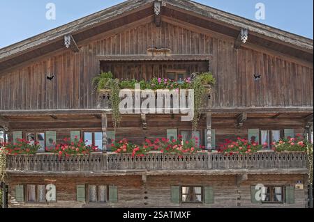 Facciata di una fattoria, Ostermair Hof del 1561, con pelargonium (Pelargonium), gerani su un grande balcone in legno, a Deining vicino Monaco, alta Baviera Foto Stock