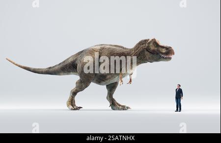 Confronto delle dimensioni tra tyrannosaurus rex e umano. Questa è un'illustrazione di rendering 3D. Foto Stock