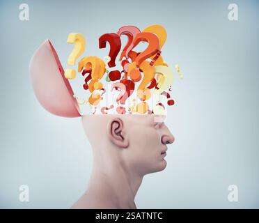Punti interrogativi che volano dalla testa di un uomo. QUESTA È UN'ILLUSTRAZIONE DI RENDERING 3D. Foto Stock