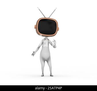 Personaggio umano con una tv invece che una testa. Notizie false e concetto di propaganda. Questa è un'illustrazione di rendering 3D. Foto Stock