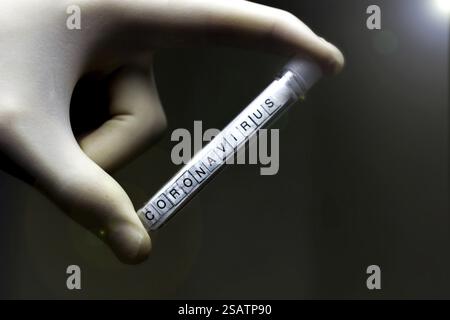 Primo piano di una mano con i guanti e una provetta etichettata con coronavirus Foto Stock
