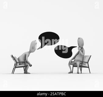Due personaggi umani che parlano. Il concetto di comunicazione e dialogo. Questa è un'illustrazione di rendering 3d. Foto Stock