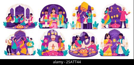 Serie di illustrazioni dei saluti happy Diwali. Gente indiana con abbigliamento tradizionale che tiene in mano lampade a olio o Diya che celebra il Festival delle luci di Diwali Illustrazione Vettoriale