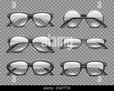 Occhiali realistici. Montature oculari in plastica con lenti trasparenti, modelli classici con vista dall'alto e ad angolo, cura degli occhi, oggetti per il miglioramento della visione diversi da, set isolato vettoriale di accessori moda. Occhiali realistici. Montature oculari in plastica con lenti trasparenti, modelli classici con vista dall'alto e angolare, cura degli occhi, oggetti per il miglioramento della vista diversi da, set vettoriale di accessori moda Illustrazione Vettoriale