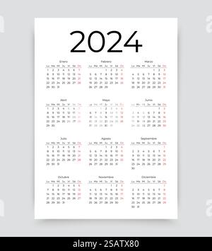 Calendario spagnolo 2024 per anno. Disposizione del calendario da tasca o da parete con 12 mesi. La settimana inizia lunedì... Calendario spagnolo 2024. Griglia calendario con 12 mesi. Illustrazione vettoriale. Illustrazione Vettoriale