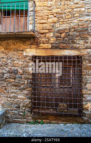 Vecchia porta in legno protetta da una vecchia griglia in metallo Foto Stock