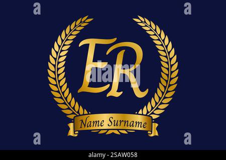 Lettera iniziale e e R, logo monogramma ER con corona in alloro. Emblema dorato di lusso con carattere calligrafico. Illustrazione Vettoriale