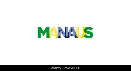 Manaus in Brasil emblema per stampa e web. Il design presenta uno stile geometrico, un'illustrazione vettoriale con caratteri tipografici in grassetto in caratteri moderni. Slogan grafico isolato su sfondo bianco. Illustrazione Vettoriale
