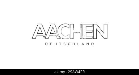 Aachen Deutschland, design vettoriale moderno e creativo con la città della Germania per banner di viaggio, poster, web e cartoline. Solarus Deutschland, un design vettoriale moderno e creativo che presenta la città della Germania come simbolo grafico ed elemento di testo, su sfondo bianco, è perfetto per banner di viaggio, poster e cartoline. Illustrazione Vettoriale