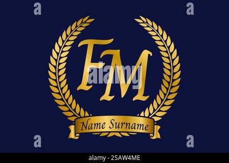 Lettera iniziale F e M, logo monogramma FM con corona in alloro. Emblema dorato di lusso con carattere calligrafico. Illustrazione Vettoriale