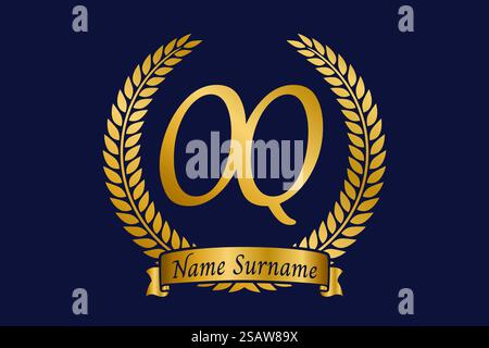Lettera iniziale o e Q, logo monogramma OQ con corona in alloro. Emblema dorato di lusso con carattere calligrafico. Illustrazione Vettoriale
