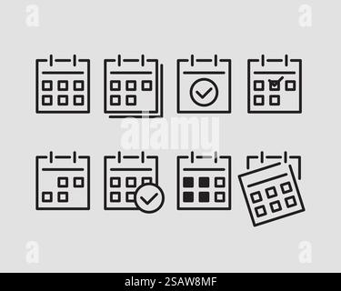 Impostare il design della linea piatta vettoriale delle icone del calendario Illustrazione Vettoriale