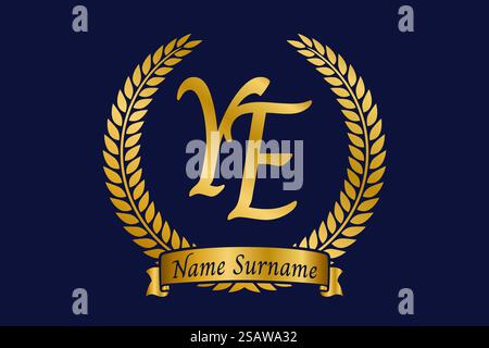 Lettera iniziale Y ed e, logo YE monogramma con corona in alloro. Emblema dorato di lusso con carattere calligrafico. Illustrazione Vettoriale