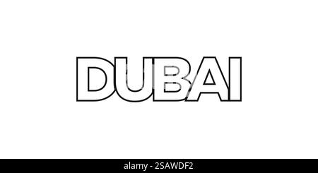 Dubai negli Emirati Arabi Uniti emblema per stampa e web. Il design presenta uno stile geometrico, un'illustrazione vettoriale con caratteri tipografici in grassetto in caratteri moderni. Slogan grafico isolato su sfondo bianco. Illustrazione Vettoriale