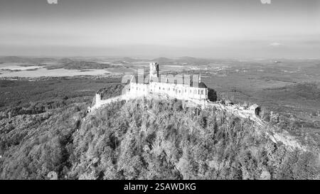 La vista aerea cattura il castello medievale di Bezdez circondato da un vivace fogliame autunnale, mostrando la sua architettura storica sullo sfondo di ampi paesaggi. Foto Stock
