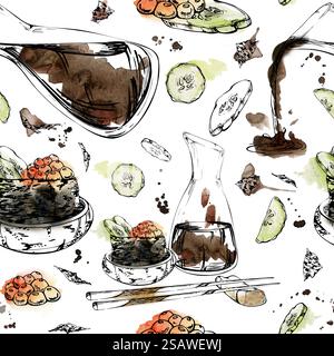 Cibo giapponese, sushi gunkan con caviale di salmone di pesce crudo, fette di cetriolo in una ciotola di ceramica, salsa di soia, bacchette, disegnate a mano con acquerello, inchiostro Foto Stock