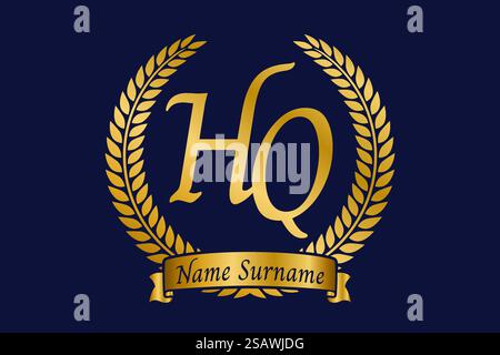 Lettera iniziale H e Q, logo monogramma HQ con corona in alloro. Emblema dorato di lusso con carattere calligrafico. Illustrazione Vettoriale