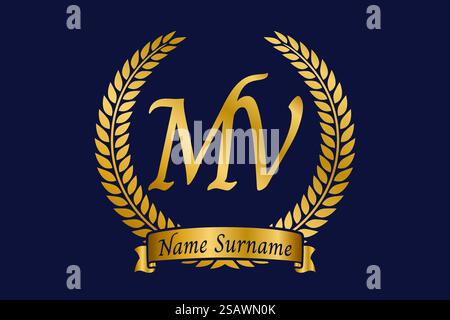 Lettera iniziale M e V, logo MV monogramma con corona in alloro. Emblema dorato di lusso con carattere calligrafico. Illustrazione Vettoriale
