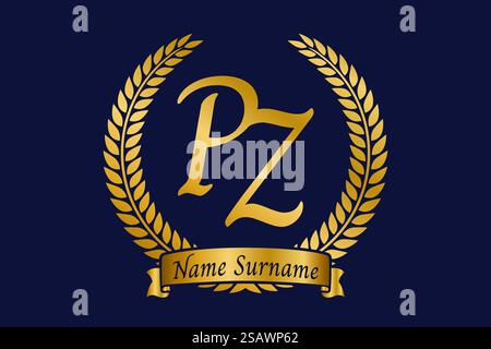Lettera iniziale P e Z, logo monogramma PZ con corona in alloro. Emblema dorato di lusso con carattere calligrafico. Illustrazione Vettoriale