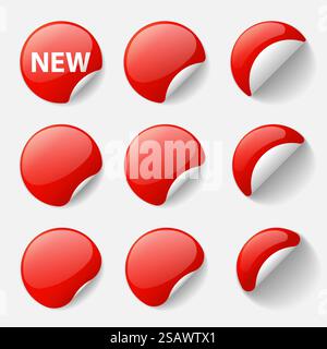 Set di adesivi rotondi rossi lucidi con angoli arricciati e ombre. Illustrazione vettoriale Illustrazione Vettoriale