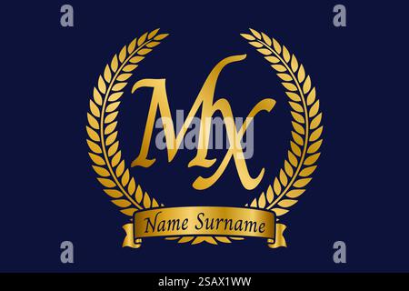 Lettera iniziale M e X, logo MX monogramma con corona in alloro. Emblema dorato di lusso con carattere calligrafico. Illustrazione Vettoriale