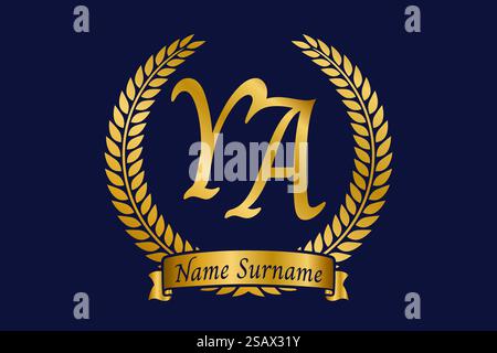 Lettera iniziale Y e A, logo monogramma YA con corona in alloro. Emblema dorato di lusso con carattere calligrafico. Illustrazione Vettoriale
