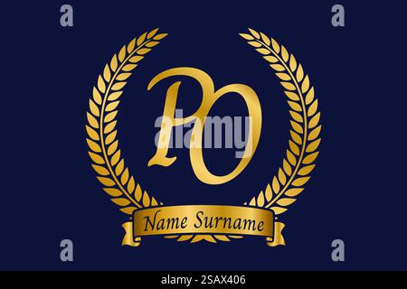 Lettera iniziale P e o, logo po monogramma con corona in alloro. Emblema dorato di lusso con carattere calligrafico. Illustrazione Vettoriale