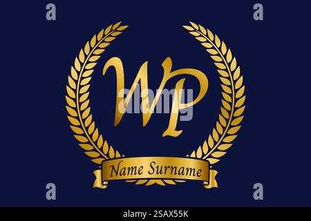 Lettera iniziale W e P, logo monogramma WP con corona in alloro. Emblema dorato di lusso con carattere calligrafico. Illustrazione Vettoriale