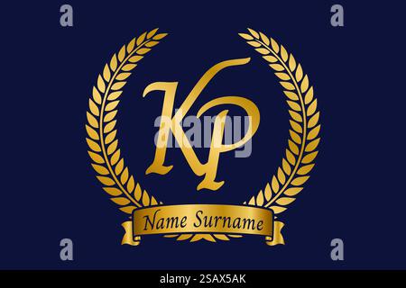Lettera iniziale K e P, logo KP monogramma con corona in alloro. Emblema dorato di lusso con carattere calligrafico. Illustrazione Vettoriale
