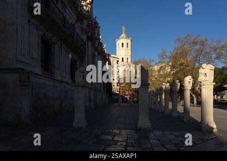 VALLADOLID, SPAGNA - 16 APRILE 2022: Cattedrale di Valladolid al tramonto dalla piazza dell'Università, Spagna. Foto Stock